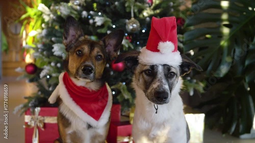PORTRAIT, CLOSE UP Pair of dog Santas are sitting by Christmas tree and presents