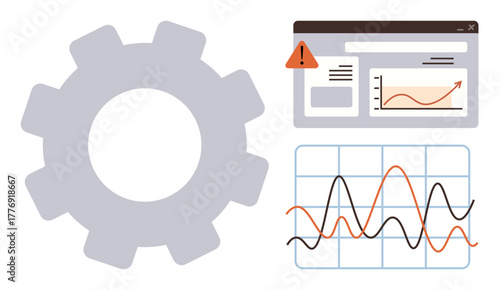 Large gear, analytics dashboard with warning icon, and line graph emphasizing data tracking, trend analysis, system efficiency, optimization, problem-solving, and productivity assessment. Ideal