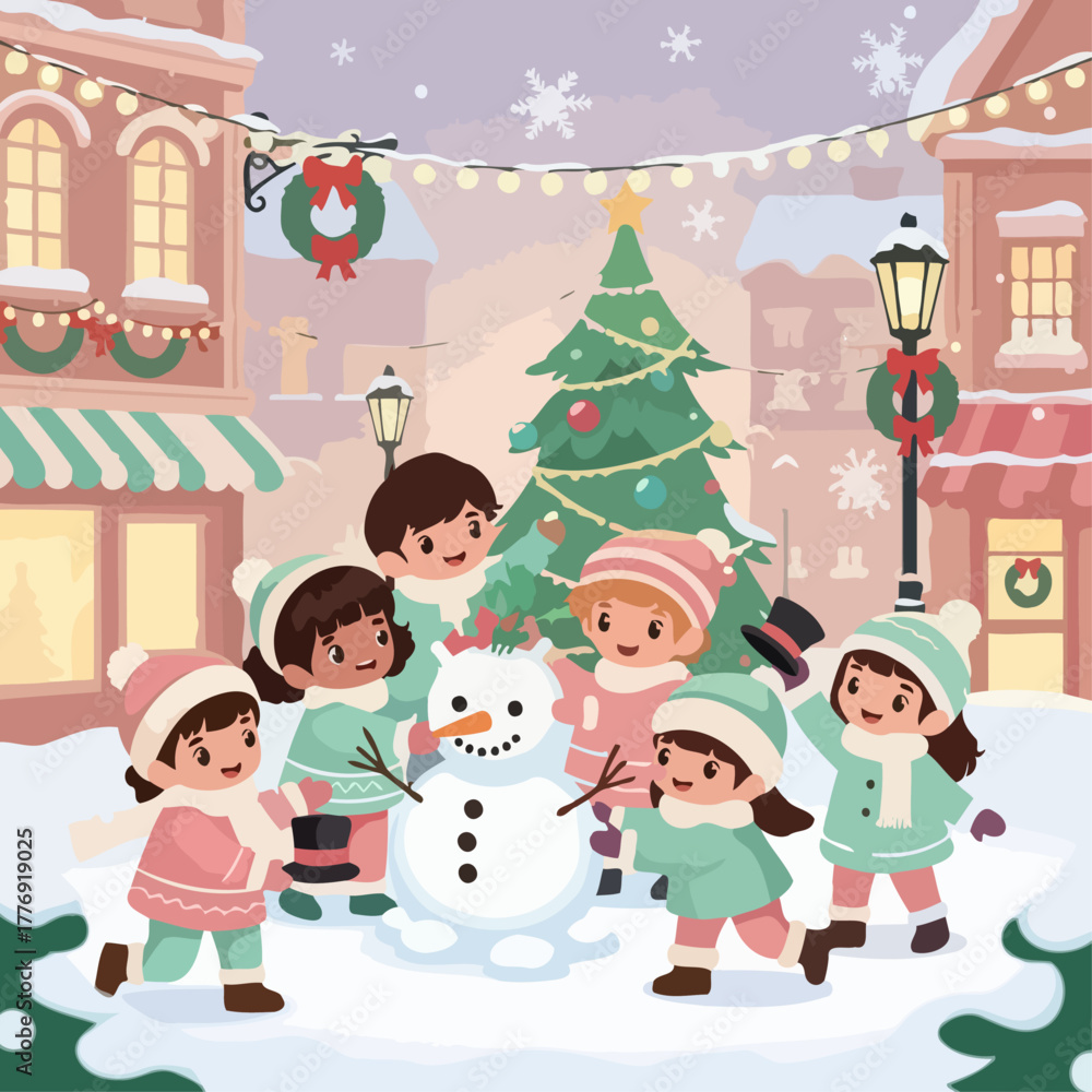 Fototapeta premium Children Building a Snowman Together During the Winter Season with Buildings and a Christmas Tree