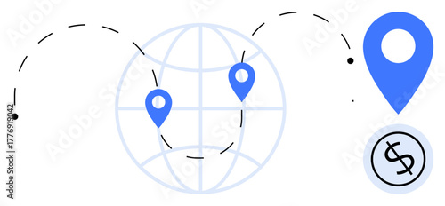 Globe with dotted travel lines, blue location pins, and currency icon. Ideal for finance, logistics, global trade, payment systems, navigation, business strategy simple flat metaphor