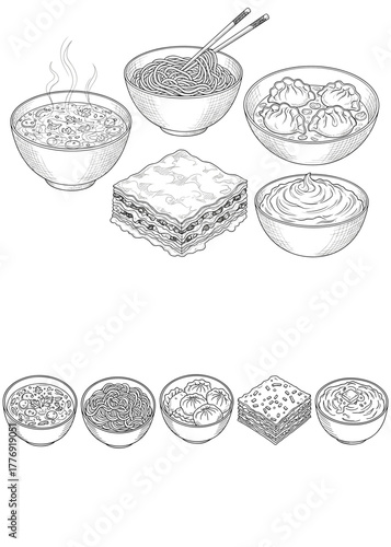 Set of comfort food vector illustrations with soup, noodles, dumplings, lasagna and mashed potatoes for restaurant menu and culinary design