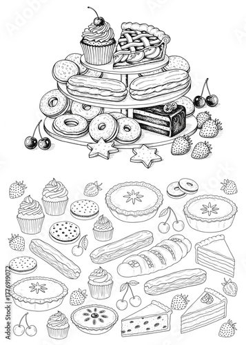 Collection of desserts and pastries vector illustrations with cakes, cupcakes, pies and eclairs for bakery branding and sweet menu design