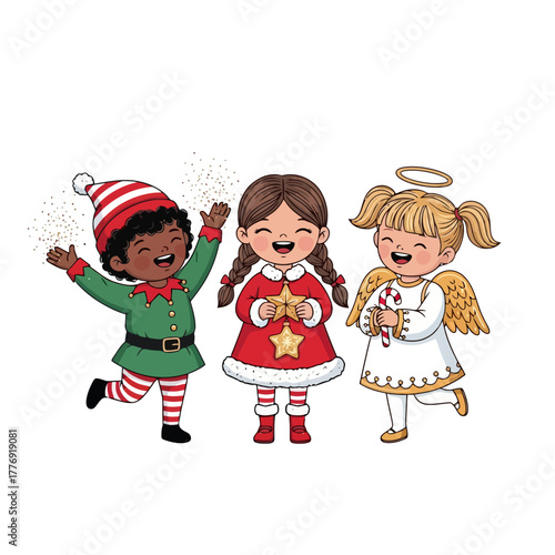 Festive Trio Adorable Children Dressed as Christmas Elf, Angel, and Girl with Star Decorations