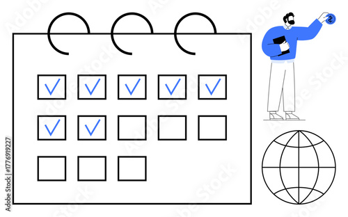 Calendar with marked checkboxes, man holding a document, globe symbolizing global connection. Ideal for productivity, planning, time management, organization, remote work, scheduling simple flat