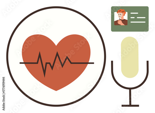 Heartbeat symbol with ECG line paired with microphone and ID card suggesting health monitoring, voice interaction, personal data. Ideal for health apps, AI, telemedicine, communication, identity
