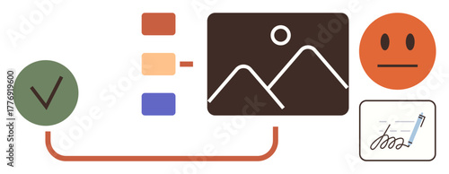 Checklist, photo thumbnail, emotional feedback face, signature pen and card linked by flow. Ideal for workflow, task management, approval processes, organizing, decision-making feedback agreement