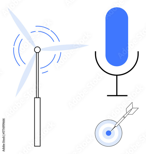 Wind turbine generating energy, blue microphone symbolizing communication, dartboard with arrow representing focus and success. Ideal for sustainability, innovation, goals, technology, teamwork