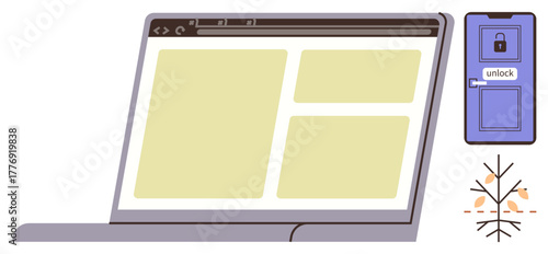 Open laptop screen with web browser layout, locked door indicating cybersecurity, and branching network diagram. Ideal for digital security, data access, online privacy, technology, software