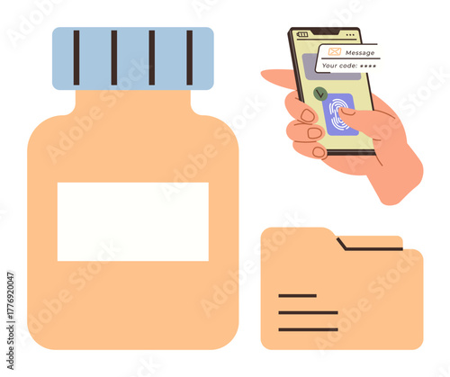 Hand using fingerprint scanner on a smartphone, digital folder with documents, and medicine bottle. Ideal for digital security, mobile authentication, healthcare data, medical records, privacy