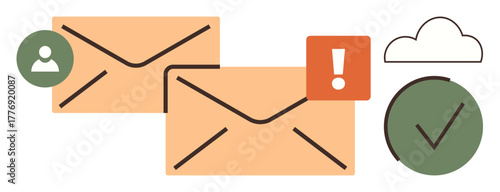 Two envelopes, alert exclamation mark, user profile icon, cloud, and green check mark. Ideal for messaging, notifications, email services, cloud storage task management teamwork and productivity