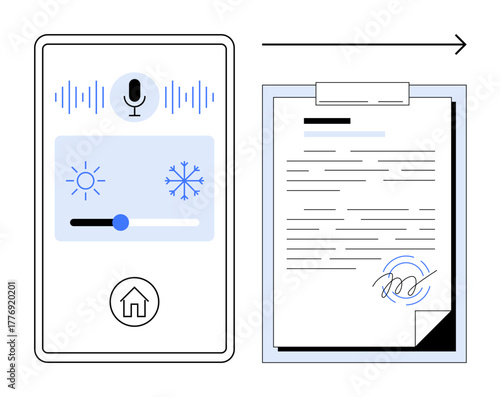 Mobile interface with microphone icon, temperature slider, home button, and signed digital document. Ideal for technology, workflow, automation, convenience, digital signature innovation