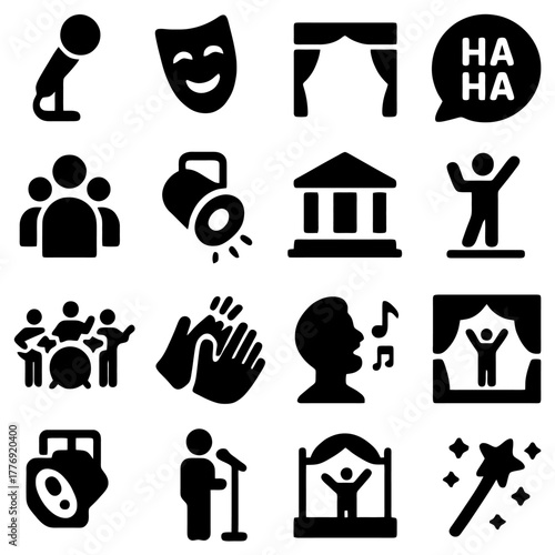 Drama Icon Set: A vibrant collection of theatrical symbols, each representing a facet of stagecraft and performance, from microphones and masks to spotlights and applauding hands. 