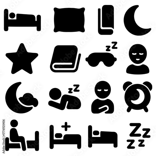 Restful Dreams: A symbolic depiction of sleep and comfort featuring simple icons related to bedtime and relaxation. Perfect for illustrating concepts of tranquility and rest.