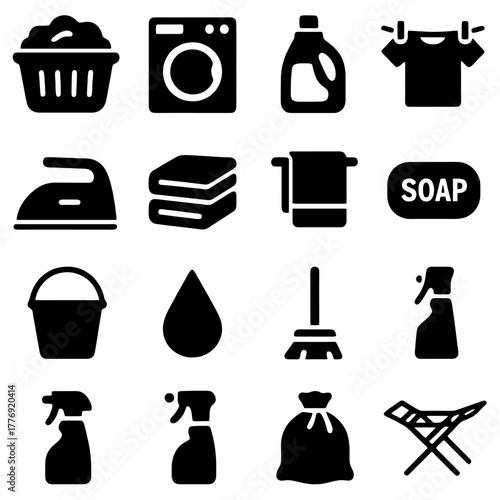 Laundry Day Essentials: A neat arrangement of essential laundry items, captured in a clean and modern style, provides a visual guide to the daily tasks.