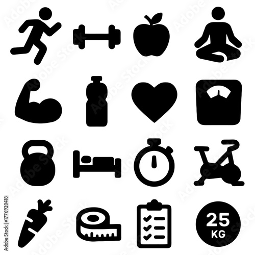Health Icons: A collection of meticulously designed icons representing a holistic approach to wellness and a balanced lifestyle, showcasing elements of exercise, nutrition, and well-being.