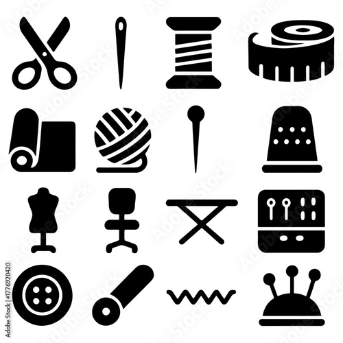 Sewing Essentials: An artistic silhouette captures essential tools of the craft. Scissors, needles, spools of thread, measuring tapes, fabrics, yarn balls, pins, thimbles.