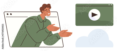 Person gesturing from web browser frame towards a play button and cloud. Ideal for communication, online learning, collaboration, video streaming, content sharing, technology, digital engagement