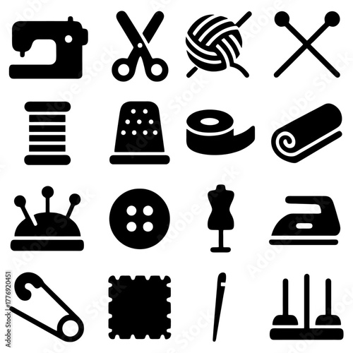 Crafting Tools Collection: A curated collection of essential sewing and craft tools is artfully arranged. Featuring iconic items to represent all aspects of the craft. 