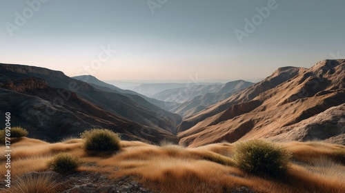 Golden Hour Canyon: A sweeping vista unfolds, where majestic mountains meet the vast expanse of the sky. The foreground is alive with swaying grasses, and sunlight caresses the mountain ridges