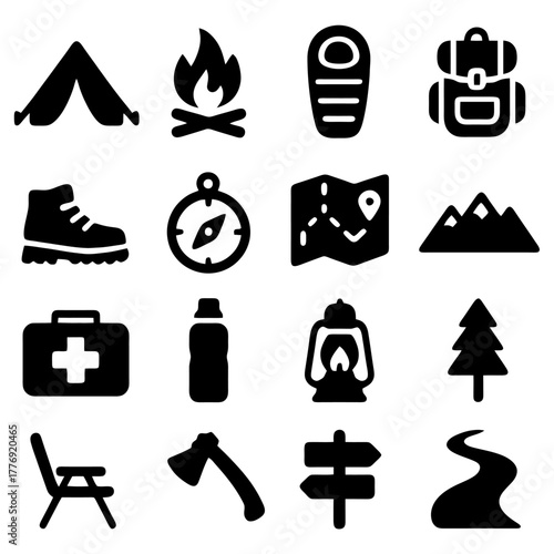 Camping and Hiking Icon Set: A collection of meticulously crafted, minimalist icons representing essential camping and hiking elements.