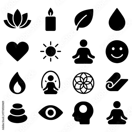 Serene Meditative Iconography: A collection of symbolic icons, elegantly arranged to evoke tranquility and mindfulness. capturing the essence of spiritual well-being, mindfulness, yoga.