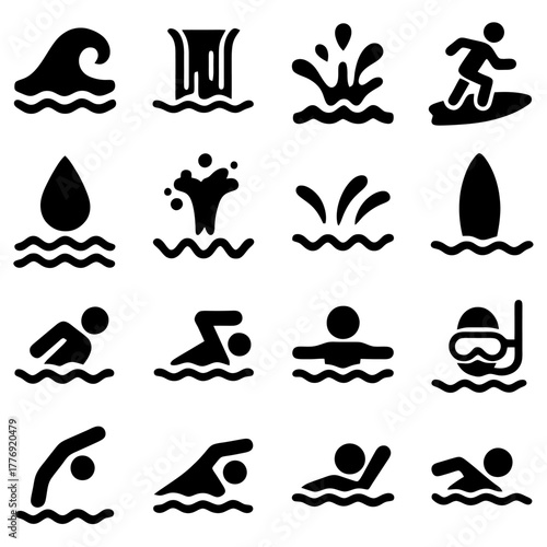 Water Icon Collection: A set of graphical representations of water elements, ideal for diverse applications in design, including swimming and surfing.