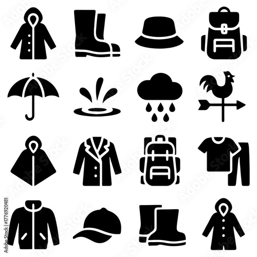 Rainy Day Essentials: A set of black icon representing various items essential for embracing a rainy day. Raincoat, umbrella, and rain boot featured.