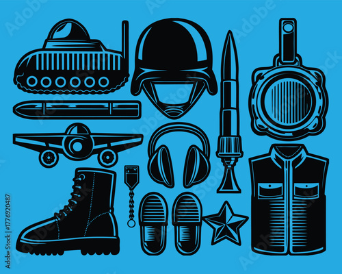 Military Equipment Silhouette Set – Tank, Helmet, Rocket, Boots, Plane, Bullet, Headphones, Vest, and Star Icon Vector Illustration