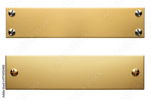 Shiny gold metal plaque with bolts, cut out