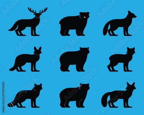 Wildlife Silhouette Grid – Minimalist Black Animal Icons Featuring Deer, Bears, Foxes, and More on Bright Blue Background