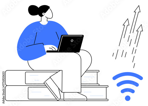 Woman working on laptop atop stack of books, signifying knowledge. wireless signal and arrows represent connectivity, progress, education, technology, innovation. Ideal for learning, productivity