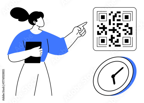 Female holding tablet, pointing at QR code beside clock. Ideal for technology, time, productivity, scanning, organization, simplicity digital interaction. Simple flat metaphor