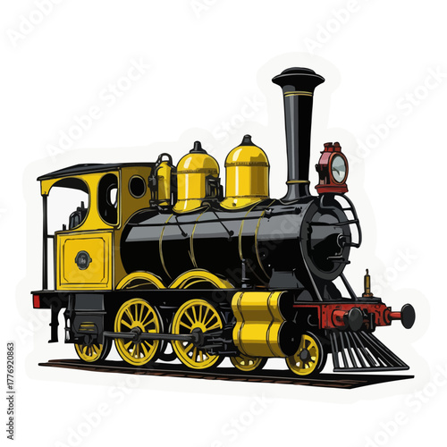Historic Steam Locomotive Sticker Design Right Side View, Bright Black Body, Detailed Mechanical Parts