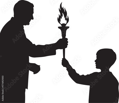 PrintFather passes a flaming torch to his son in silhouette