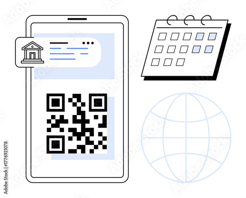 Smartphone displaying QR code for online banking, next to calendar and globe outline. Ideal for finance, scheduling, global access, online services, transactions, e-commerce, tech-savvy solutions