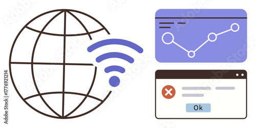 Globe with wireless signal, data graph with trends, and error popup window conveying digital connectivity issues. Ideal for technology, internet access, troubleshooting, analytics, communication