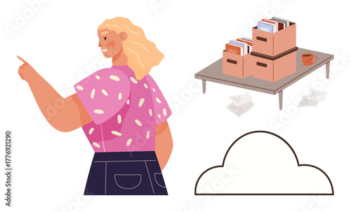 Blonde woman in casual attire pointing, storage boxes filled with files on table and scattered papers. Ideal for organization, file storage, cloud computing, work management, productivity, data