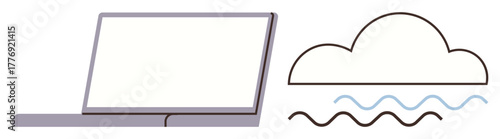 Laptop beside cloud and wave lines showcasing digital technology, cloud storage, connectivity, and innovation. Ideal for IT, software, cloud computing, remote work, eco-tech creativity modern