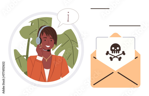 Customer service agent wearing a headset warns against a phishing email with a danger icon inside. Ideal for cybersecurity, scam prevention, customer care, fraud awareness, online safety, email