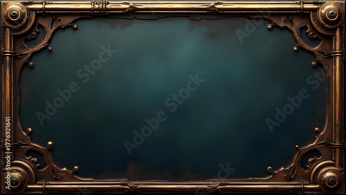 Ornate steampunk frame with a dark teal background, detailed metalwork.