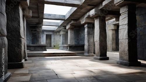 Ancient Stone Chamber: The interior of an ancient stone chamber, the play of light and shadow, highlighting the enduring nature of history and design.