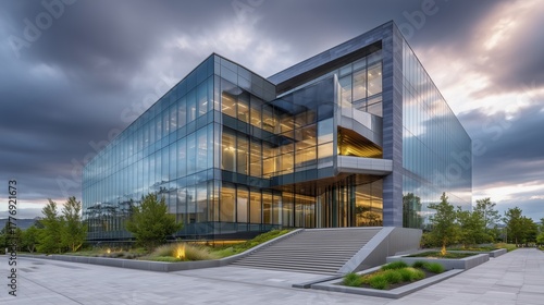 Modern Architectural Marvel: Captivating perspective showcases a sleek, modern office building with expansive glass facade reflecting the sky.