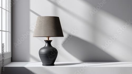 Serene Luminescence: An elegant desk lamp casts soft shadows against a minimalist backdrop, creating a tranquil atmosphere in a modern interior setting.