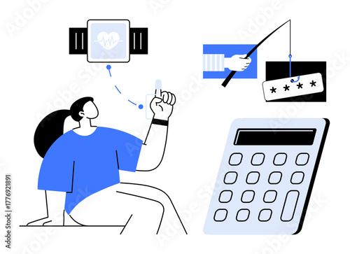 Woman interacts with smartwatch, phishing password hook, and calculator. Ideal for technology, cybersecurity, health monitoring, wearable technology, online fraud finance gesture control. Simple