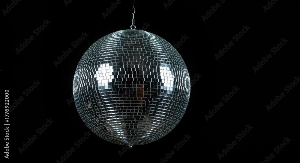 Fototapeta premium Brightly lit classic mirrored disco ball suspended in darkness. Shiny abstract reflective sphere against a solid black backdrop ,vintage ,object ,solid