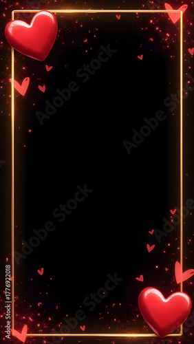 Romantic vertical frame with a glowing golden border and red hearts on a black background.