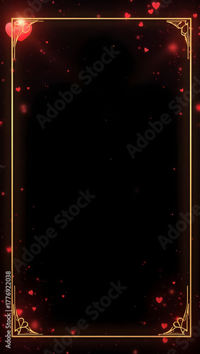 A romantic black background with a golden ornate frame and scattered red hearts and sparkling particles, perfect for celebrations or invitations.