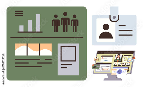 Dashboard with charts and user data, clip-on ID badge, desktop screen with user profiles and details. Ideal for identity verification, technology, analytics, security, business, user data design