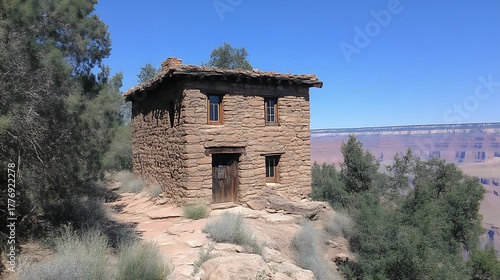 Rustic stone cabin perched atop a rocky outcrop overlooking a vast canyon