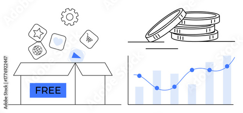 Open box labeled free releasing apps adjacent coins stack beside bar chart with growth trendline. Ideal for finance, business strategy, analytics, savings, digital tools, economy, simple flat